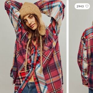 free people we the free patched up plaid button down shirt